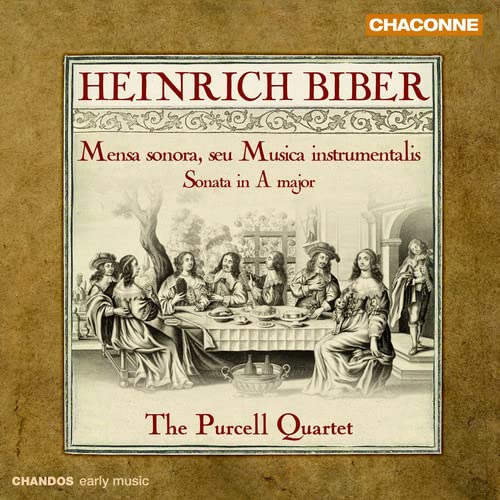 CD cover depicting a banquet scene with musicians, titled "Heinrich Biber.