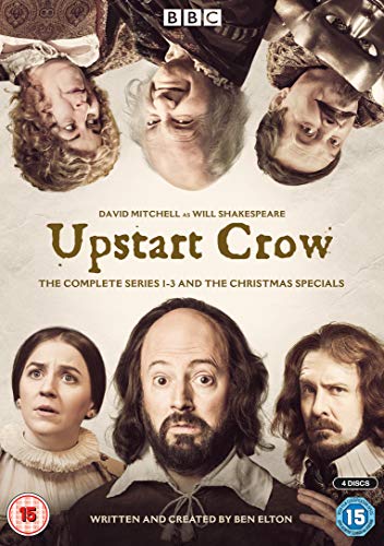 "Upstart Crow DVD cover featuring actors' faces and BBC logo, with title and credits."