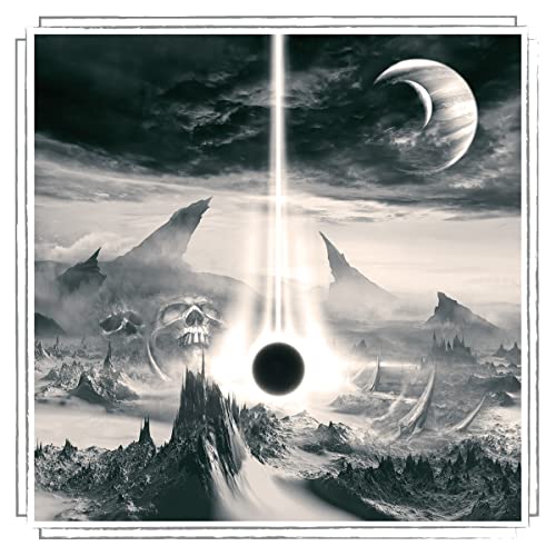 Dark landscape with a beam of light and crescent moon above.