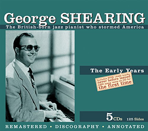 "CD cover featuring a black-and-white photo of George Shearing playing piano, on teal background."
