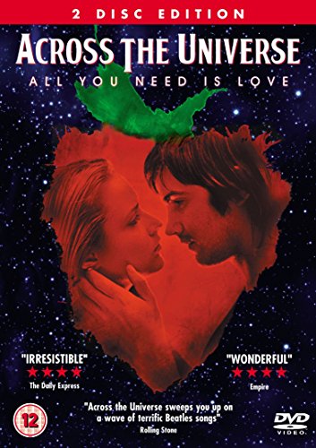 Across The Universe" DVD cover featuring a couple embracing amidst a colorful, starry background.