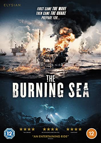 DVD cover for "The Burning Sea" depicting an oil rig on fire at sea.