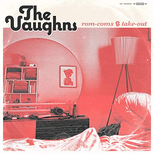 "Album cover with red-toned bedroom scene, messy bed, and lamp."
