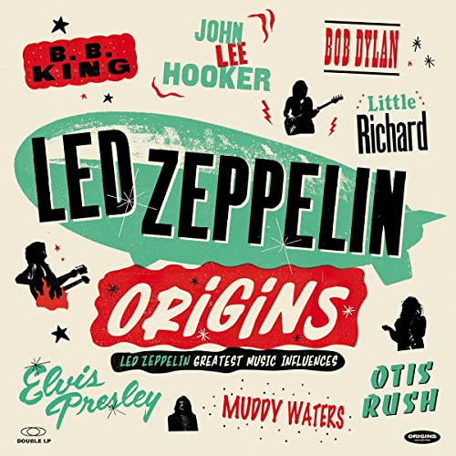 Album cover for “Led Zeppelin Origins” featuring portraits and names of musical artists.