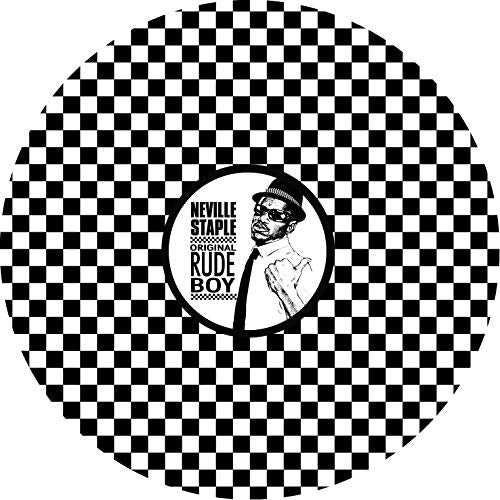 Black and white checkered vinyl record with a central label featuring a man.