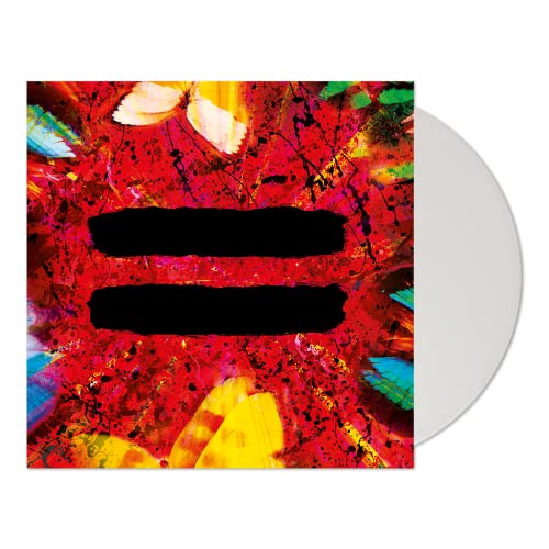 Ed Sheeran’s “=” album cover with abstract paint and a white vinyl record.