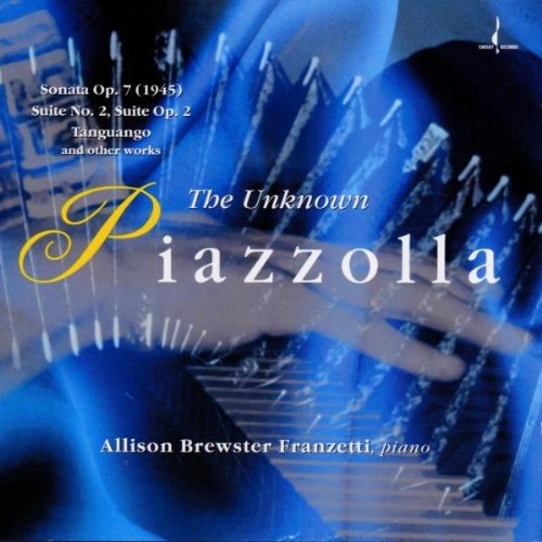 "CD cover with blue-toned piano image and 'The Unknown Piazzolla' title."