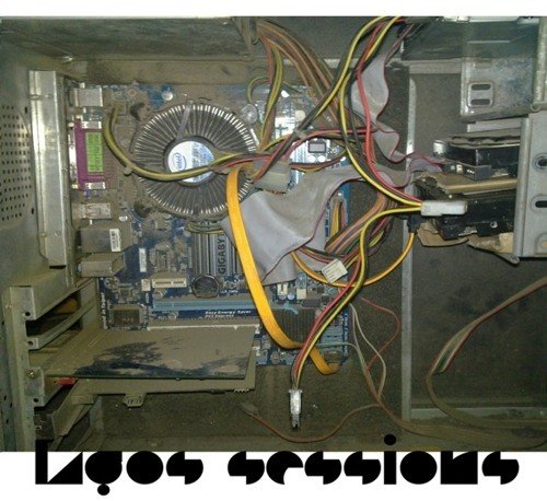 CD case with a chaotic image of computer components and text “Lagos Sessions.”