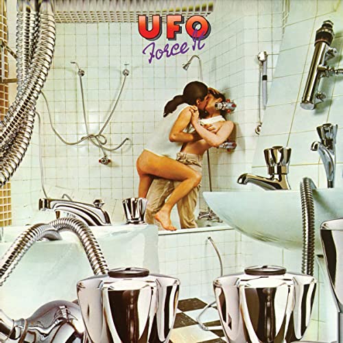 UFO’s “Force It” album cover: couple in a bathroom with chrome fixtures.