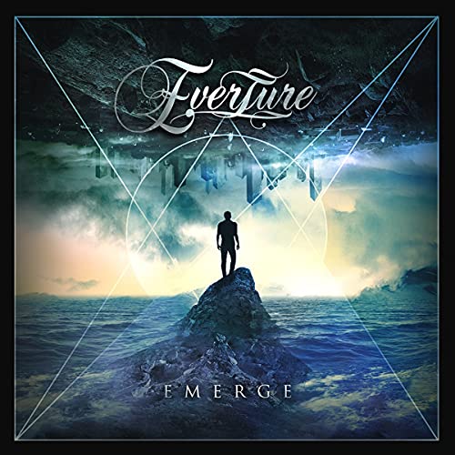 Album cover for "Everture - Emerge" featuring a lone figure on a rock.