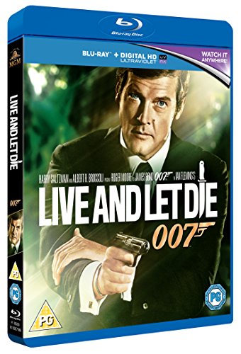 "Blu-ray case with Roger Moore holding a gun, titled 'Live and Let Die'."