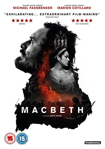 Macbeth DVD cover featuring Michael Fassbender and Marion Cotillard amidst flames.
