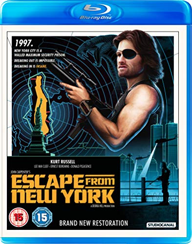 Escape From New York" Blu-ray cover featuring Kurt Russell with a gun.