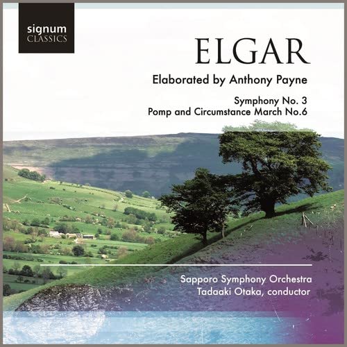 CD cover for Elgar’s Symphony No. 3 with a landscape background.