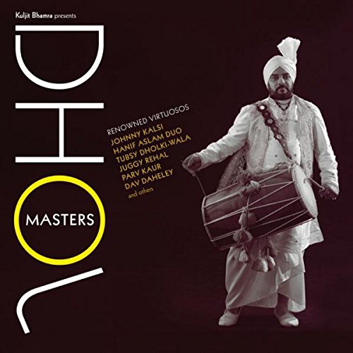 Man in white turban and robes holding a dhol drum, dark background, album cover.