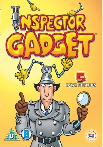 Inspector Gadget DVD cover with the character holding a magnifying glass on yellow background.