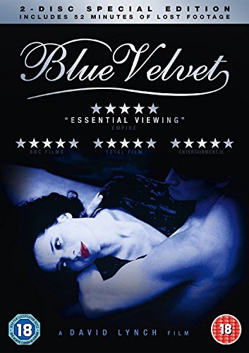 "Blue Velvet DVD cover featuring a man holding a severed human ear, against a black background."