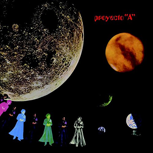 "Album cover with planets and figures in robes against a black background."