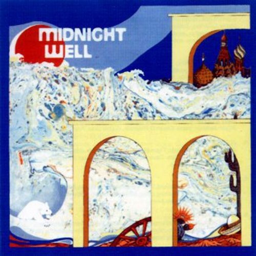 "Album cover art: 'Midnight Well' with abstract arches, blue and white waves, and red accents."