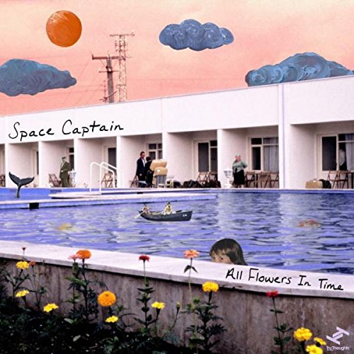 "Album cover featuring a surrealist scene with a pool, building, and floating objects."