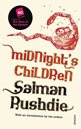 "Book cover of 'Midnight's Children' by Salman Rushdie, purple background, silhouetted figures holding hands."