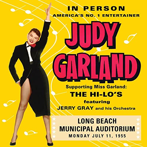 Judy Garland posing on a yellow background with musical notes and event text.