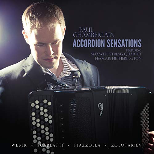 Paul Chamberlain holding a black accordion, album cover for "Accordion Sensations".