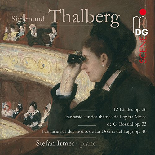 CD cover: Painting of a woman with opera glasses, pianist Stefan Irmer.