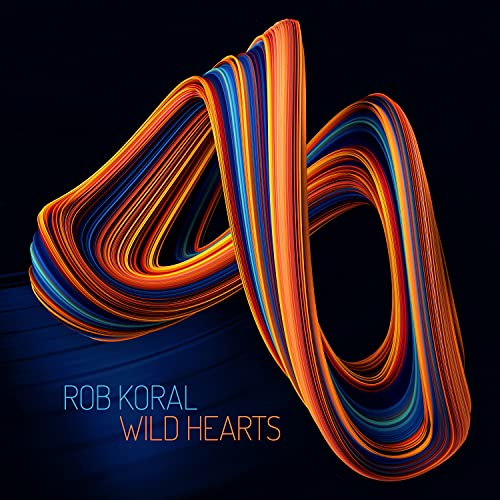 "Album cover with abstract orange, blue, and yellow swirling shapes on a dark background."