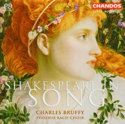 "CD cover featuring a woman surrounded by flowers, with 'Shakespeare in Song' text."