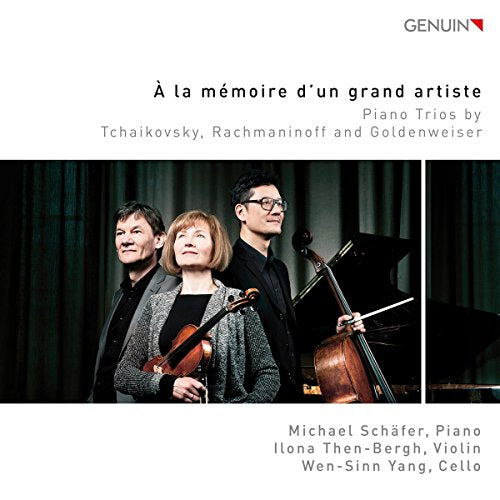 "CD cover featuring three musicians: violinist, cellist, and pianist on stage."