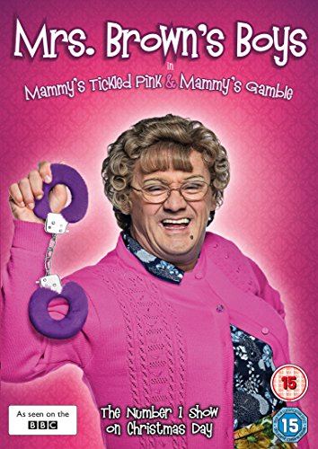 "Mrs. Brown's Boys" DVD cover featuring a woman in pink holding purple handcuffs.