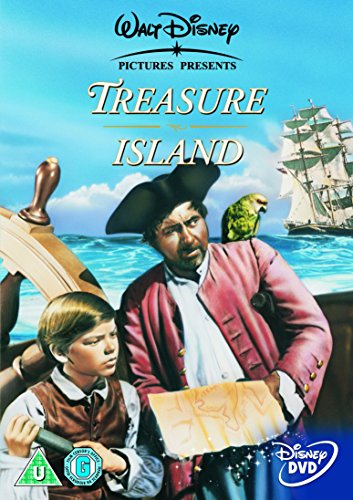 DVD cover for "Treasure Island" featuring a man, boy, and parrot on a ship.
