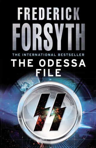 Book cover with 'THE ODESSA FILE' title, silver SS symbol on a black background.