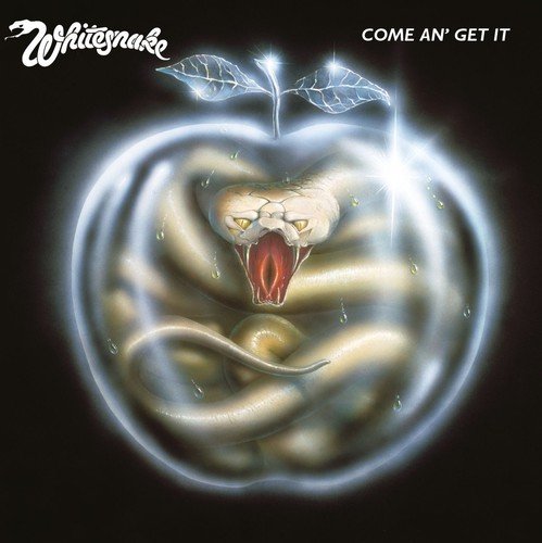 "Album cover with a snake coiled inside an apple, mouth open, on black background."