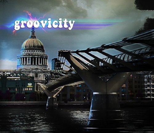 "CD cover with 'groovicity' text, darkened London cityscape, and Amazon logo."