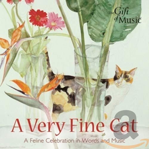 Watercolor painting of a calico cat amongst flowers in vases.