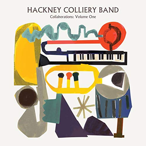 CD cover for Hackney Colliery Band’s “Collaborations: Volume One” with abstract instruments.