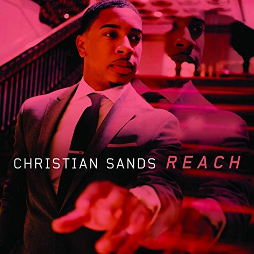 "Album cover with man in suit, double exposure effect, red-toned staircase background."