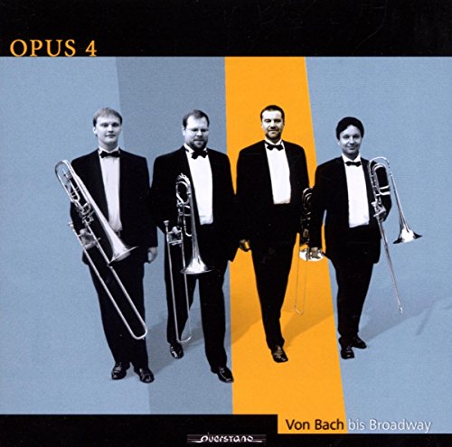"CD cover with four men in tuxedos holding trombones against a blue and orange background."