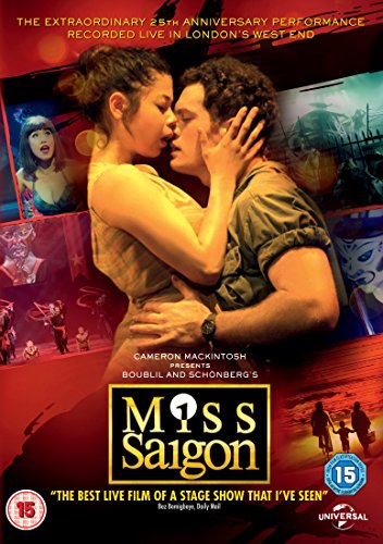 "Miss Saigon Live" DVD cover featuring a man and woman embracing, red background.