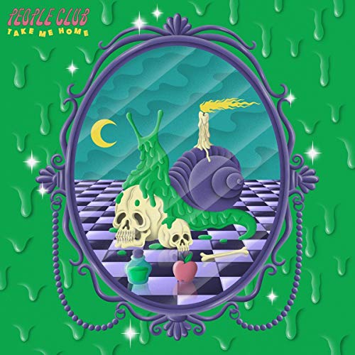 Album cover with a purple snail, skulls, and a checkered floor in a mirror.