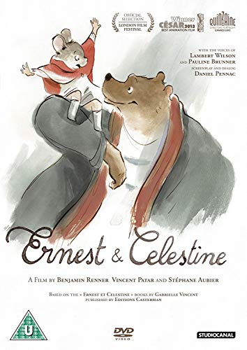 Watercolor illustration of a large brown bear carrying a small mouse on his shoulder.