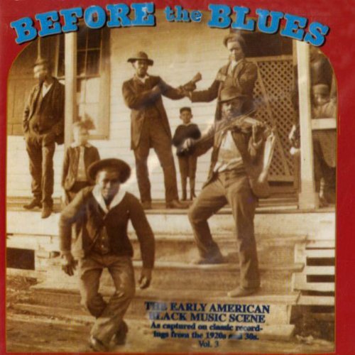 "CD cover with sepia-toned photo of men playing instruments on porch steps, red background."