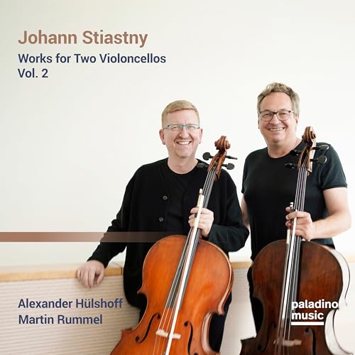CD cover featuring two smiling men with cellos, titled "Johann Stiastny.