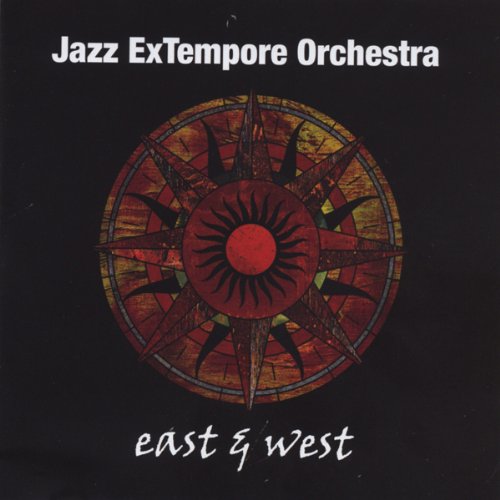 "CD cover with stained-glass compass design on black background, 'Jazz ExTempore Orchestra east & west'."