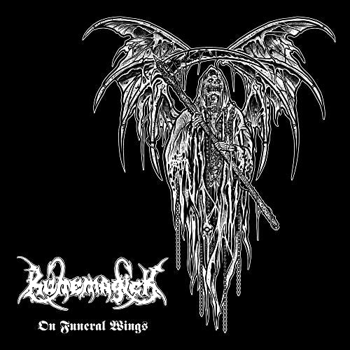Black and white illustration of a skeletal figure with large wings.