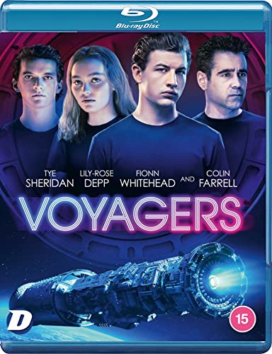 Blu-ray cover for Voyagers featuring four actors above a spaceship in space.