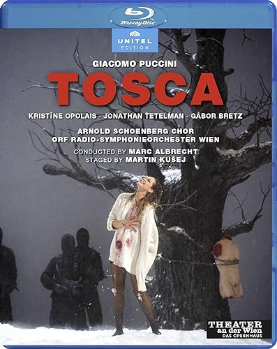 Blu-ray cover for Giacomo Puccini’s *Tosca* opera, featuring a dramatic scene.