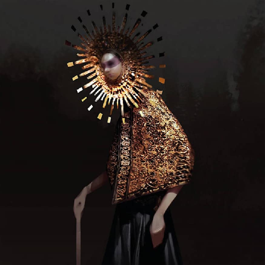 Figure with golden halo and ornate garment against a dark background.